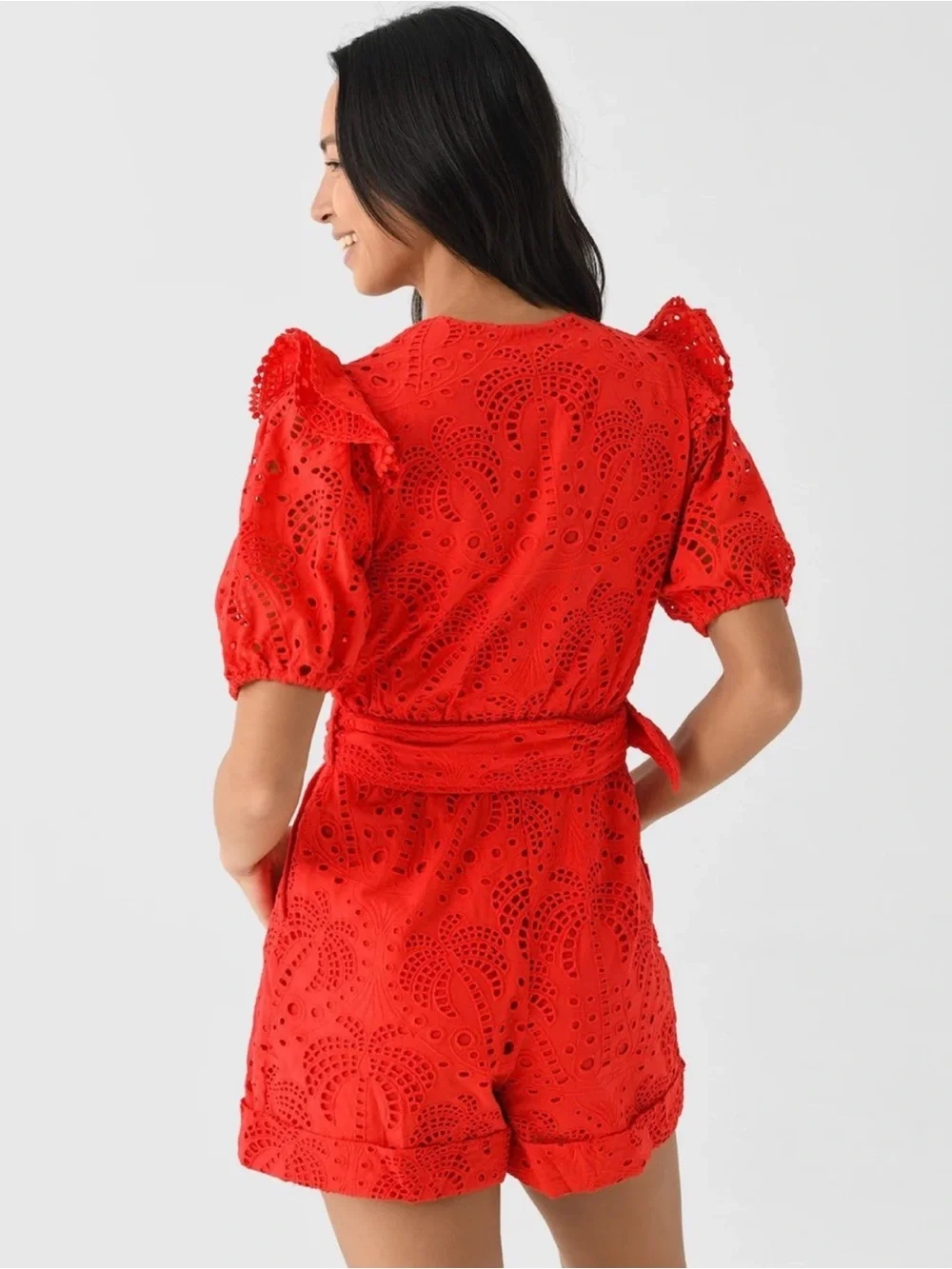 FARM Rio Red Eyelet Belted V-Neck Romper size Large